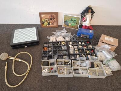 Mixed Lot: Glass Chess/Checkers Set, Mega Handles Cabinet Pulls, Shower Head, Vintage Electronics, Art