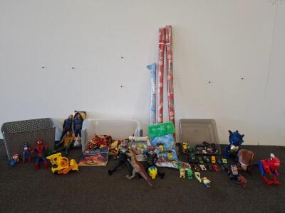 Large Mixed Lot of Die-Cast Cars, Superhero Action Figures, Plush Dinosaurs & Lego Toys