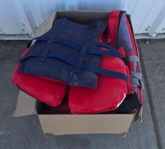 Lot of 6 Adult Life Jackets &ndash; Stearns, FLY Racing, Type III, Red/Yellow/Black, 3-Buckle
