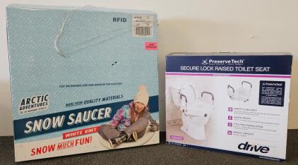 Secure Lock Raised Toilet Seat and set of 12 Arctic Adventures White Knit Snow Saucer, 25" Diameter, 175 lb Capacity