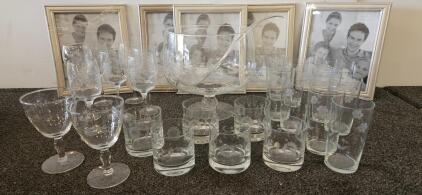 Large Vintage Etched Glass Grape Punch Bowl Set 22 Pc w/ Wine, Highball, Lowball Glasses, Ladle