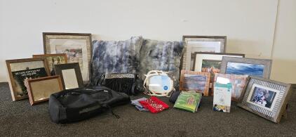 Photo Frame & Home Decor Lot &ndash; Throw Pillows, NeatPack Bag, TP-Link Plug, Poncho, Bandanas