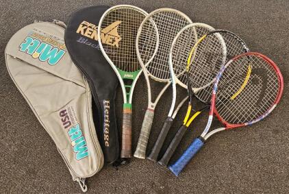 Vintage Tennis Racket Lot: Wilson Heritage 110, Prince Graphite, Pro Kennex Black Ace, Cases Included