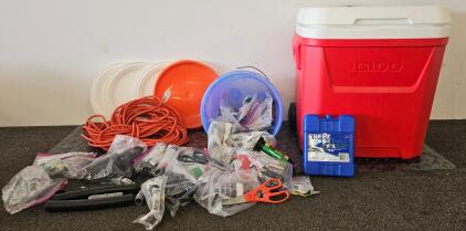 Igloo 48-Quart Red Cooler, Freeze Pak, Buckets, 50ft Extension Cord, Irrigation Parts Lot
