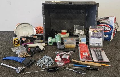 Mixed Lot: Tools, Screws, Pipe Fittings, Glue Gun, Lamp, Chain, Brushes, .45 Brass, Tote
