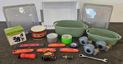 Mixed Tool & Utility Lot: Storage Bins, Hand Tools, Cutting Knives, Valve Locks, AGPTEK Pump