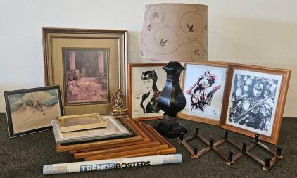 Mixed Lot&mdash;Framed Art Prints, Picture Frames, Table Lamp, Wall Rack, Figurine, Poster Tube