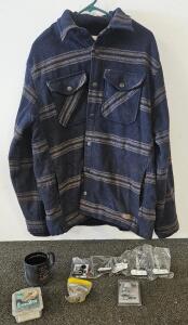 JACHS NY XL Plaid Sherpa-Lined Shirt Jacket &ndash; Navy Blue, Snap Pockets, Outdoor Fleece Lining