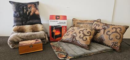 Western Lodge Decor Lot: Wrangler Pillows, Faux Fur Throws, Comfort Zone Heater (new in box, works), Box & Accessories