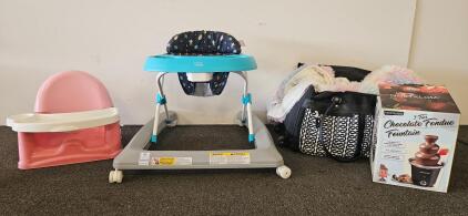 Smart Steps Baby Walker, Booster Seat, Nostalgia 3-Tier Chocolate Fondue Fountain (tested, works), Diaper Tote Bag, Weighted Blanket
