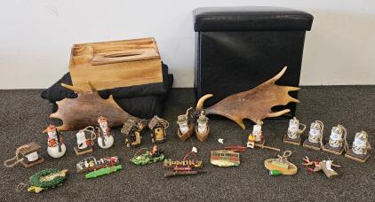 Faux Moose Antlers, 18 Rustic Cabin Ornaments, Black Ottoman, Wood Caddy, 2 Packing Blankets
