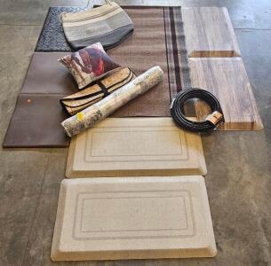 Mixed Home Mats Lot: 4 Anti-Fatigue Mats, Orbit Irrigation Tubing, Basket, Rugs, Pillow, Accessories