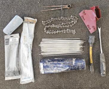 Workshop Lot: B&ouml;hler E7018 Welding Rods, Chainsaw Chains, Husky Pry Bar, Everbilt Cane Bolt