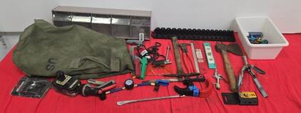 Large Lot of Mixed Hand Tools, ACE Nozzle, DeWALT Blades, Storage Bins & US Duffle Bag