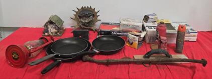 Mixed Lot: Husky 6-Ton Jack, NuTone 696N Fan, Filters, Photo Paper, Lantern, Tools