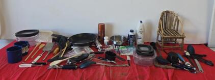 Mixed Camp Cookware & Utensil Lot: Frying Pan, Cups, Rustic Chair, Fillet Knife, Toiletries Included