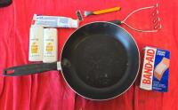 Mixed Camp Cookware & Utensil Lot: Frying Pan, Cups, Rustic Chair, Fillet Knife, Toiletries Included - 5
