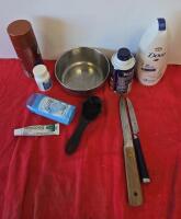 Mixed Camp Cookware & Utensil Lot: Frying Pan, Cups, Rustic Chair, Fillet Knife, Toiletries Included - 9