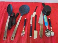 Mixed Camp Cookware & Utensil Lot: Frying Pan, Cups, Rustic Chair, Fillet Knife, Toiletries Included - 10