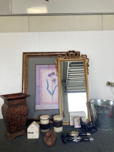 Home Decor- Mirror, Framed Print, (2) Small Box quotes, bucket, Avon bottles, vase, candles, decorative duck, clock