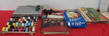 Vintage Lot: DVD/VCR Combo, Elvis/Bee Gees Vinyl Records, Train Set, Craft Supplies, StoryPlayer
