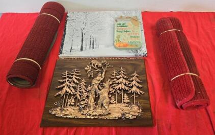 Mixed Home Decor Lot: 2 Burgundy Runner Rugs, Bear Forest Plaque, Wall Art, Autumn Sign