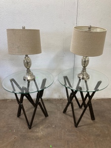 (2) End Tables w/ Glass Tops and (2) Silver Lamps