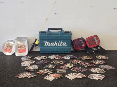 Makita Hard Case, Fishing Rod & Reel, Trailer Tail Lights, Aluminum Pans, Hockey Cards Lot