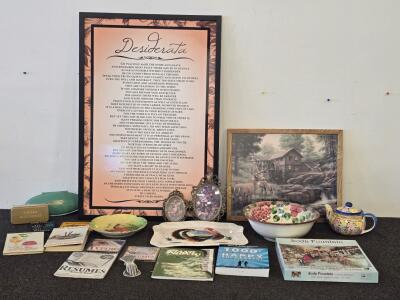Vintage Collectibles Lot: Decorative Plates, Framed Art, Books, Teapot, Puzzle, and More