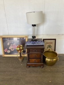 Home Decor: Nightstand, (2) Framed Pictures, Lamp, (2) Decorative Trays, Apple Tree, Golden Pot