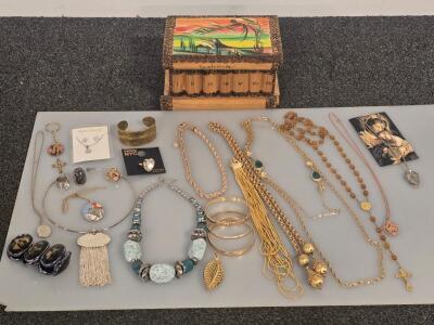 Assorted Fashion & Religious Jewelry Lot &ndash; Necklaces, Bracelets, Rings, Guatemalan Jewelry Box