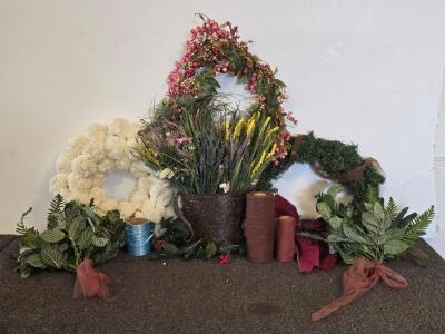 Artificial Floral Wreaths, Foliage, Ribbon & Flower Craft Lot with Decorative Vase, 12+ Pieces
