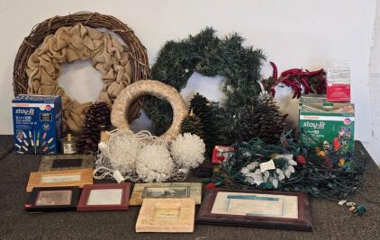 Large Mixed Lot: Holiday Decor, Sylvania Stay-Lit LED Lights, Wreaths, Picture Frames, Pinecones