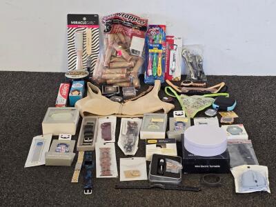 Large Mixed Lot: Oral-B, Apple Watch Bands, Coin Wrappers, Personal Care, Bra, Mini Turntable