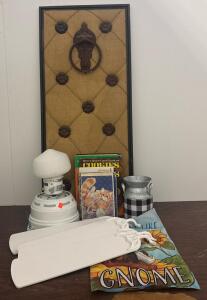 Ceiling Fan with Light, Gnome Flag, Decorative Wall Art, Galvanized Vase, Books & WWE Magazines