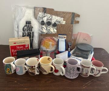 Assorted Household Lot: 7 Decorative Mugs, 3M Stain Kit, Pet Water Bottle, Scale And More