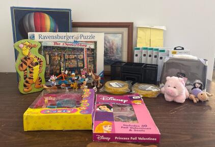 Large Mixed Lot Disney Toys, Puzzles, Polly Pocket Set, Office Supplies, OtterBox Case, Framed Print