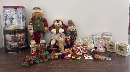 Assorted Christmas & Holiday Decoration Lot &ndash; 30+ Pieces, Includes Tins, Angel Figurines, Plush Snowmen, and More