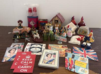Vintage British Coronation Memorabilia, Farmhouse Rooster Decor, Bunny Figurines, & More (40 Pcs)