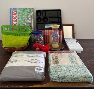 Household Essentials Mixed Lot: Monopoly Game, Sunbeam Ironing Cover, Kitchen & Decor Items
