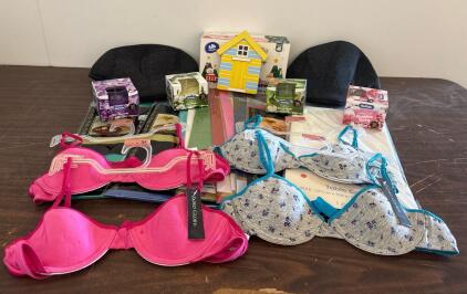 Mixed Lot: NuValu Scented Candles 3oz, Vinda Tissue 130ct, Faded Glory Bras 34A, Flat Men&rsquo;s Caps, Table Covers And Tissue Paper