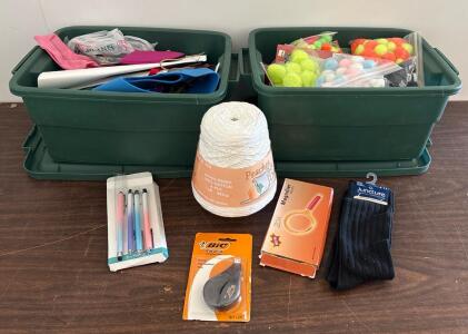 Assorted Craft Supplies Lot: Pom Poms, Felt Sheets, Peaches & Creme Yarn, Storage Bins