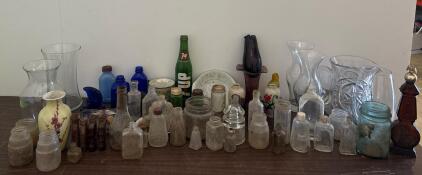 Vintage Glass Bottles Lot - Cobalt Blue, Amber, Clear Apothecary, Decorative Inkwell, 40+ Pieces