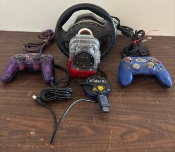 PlayStation 2 Mad Catz & Pelican Controller Lot: Turbo 2 Pro, MicroCON, Steering Wheel, GameEye