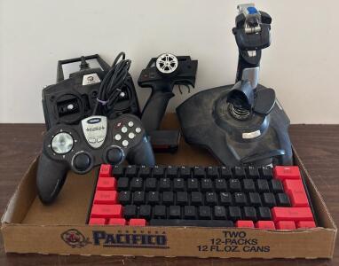 Mixed Lot: Saitek P2500 Gamepad, Saitek Joystick, Spurdii Mechanical Keyboard, RC Transmitters