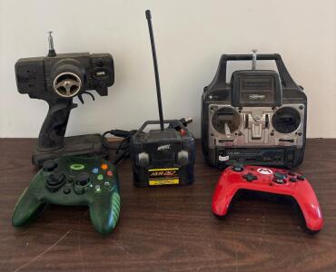 Mixed Lot: Airtronics VG400 RC Twin Stick & Pistol Grip Transmitters, RC Receiver, Xbox & Switch Controllers