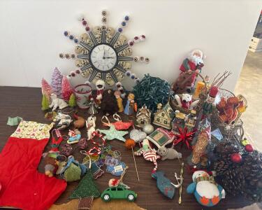 Holiday Decor Lot with Skull Eyeball Sunburst Wall Clock, Ceramic Village, Ornaments, Pinecones