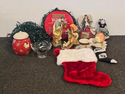 Christmas Holiday Decor Lot: 200 Mini Lights, Nativity Set, Raiders NFL, Cookie Jar, 13+ Items