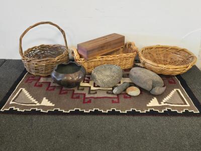 Assorted Woven Baskets, Black Pottery Bowl, and Navajo-Style Southwestern Rug &ndash; Set of 5 Decor