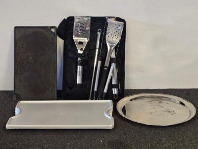 Lodge Reversible Cast Iron Griddle, BBQ Tool Set with Case, Cutting Board & Stainless Tray